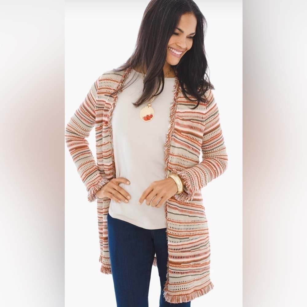 Chico’s Textured Zig Zag Loose Knit Crochet Fringe Open Light Cardigan Sz S (4)